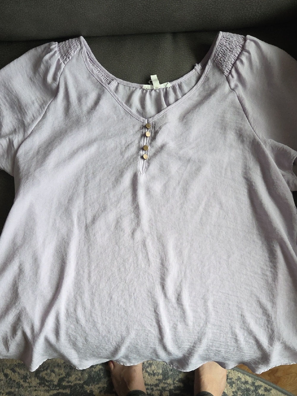 Maurices Light Lavender Short Sleeve V-Neck Top with Button Placket